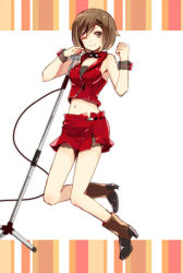 Rule 34 | 1girl, bare shoulders, boots, breasts, brown eyes, brown hair, cable, cleavage, clenched hand, collar, crop top, floating, full body, glowing, high heels, kawara mochi, lace, lace-trimmed skirt, lace trim, layered skirt, meiko (vocaloid), meiko (vocaloid3), microphone, microphone stand, midriff, nail polish, navel, one eye closed, redbear07, skirt, smile, solo, vocaloid, wink, wire, wrist cuffs