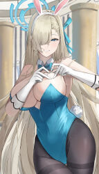 Rule 34 | 1girl, animal ears, asuna (blue archive), asuna (bunny) (blue archive), bare shoulders, black pantyhose, blonde hair, blue archive, blue bow, blue bowtie, blue halo, blue leotard, bow, bowtie, breasts, cleavage, commentary request, covered navel, detached collar, fake animal ears, fake tail, gloves, hair over one eye, halo, heart, heart hands, highres, large breasts, leotard, long hair, looking at viewer, official alternate costume, pantyhose, playboy bunny, rabbit ears, rabbit tail, ref (pmxt4483), solo, standing, tail, very long hair, white gloves