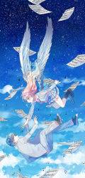 Rule 34 | 1boy, 1girl, angel wings, arima kousei, black-framed eyewear, black hair, blonde hair, blue eyes, closed mouth, cloud, collar, commentary request, falling, flying, flying paper, from side, glasses, grey jacket, highres, holding, holding paper, jacket, long hair, long sleeves, looking at another, maayan, miyazono kawori, music, necktie, night, notes, open mouth, pants, paper, pink neckwear, school uniform, shigatsu wa kimi no uso, shirt, shoes, skirt, smile, sneakers, star (sky), white shirt, wings