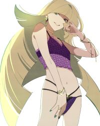 Rule 34 | 1girl, alternate costume, arched bangs, blonde hair, bracelet, commentary request, cowboy shot, creatures (company), earrings, eyelashes, game freak, green eyes, green nails, hand up, highres, jewelry, long hair, looking down, lusamine (pokemon), nail polish, navel, necklace, nintendo, osg pk, panties, pokemon, pokemon sm, ring, smile, solo, teeth, underwear, white background