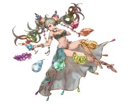 Rule 34 | 10s, 1girl, apple, apricot (fruit), aqua bikini, armlet, bikini, bracelet, breasts, cleavage, closed mouth, crystal, de la fille, earrings, floating hair, food, fruit, full body, gem, granblue fantasy, grapes, green eyes, green hair, groin, hair ornament, jewelry, large breasts, lime (fruit), long hair, matching hair/eyes, minaba hideo, multicolored hair, navel, necklace, official art, pear, pineapple, rainbow hair, ring, smile, solo, swimsuit, transparent background, twintails