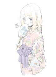 Rule 34 | 1girl, 2020, asagao to kase-san, bag, bagged fish, blonde hair, blush, closed mouth, covering own mouth, dated, fish, floral print, flower, from side, goldfish, hand fan, highres, holding, holding bag, ipomoea, japanese clothes, kimono, looking at viewer, morning glory print, official art, paper fan, purple ribbon, ribbon, short hair, simple background, smile, solo, takashima hiromi, uchiwa, yamada yui, yukata