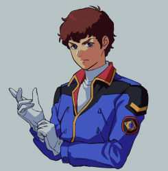 Rule 34 | 1boy, adjusting clothes, adjusting gloves, amuro ray, blue eyes, blue jacket, brown hair, char&#039;s counterattack, closed mouth, commentary, cropped torso, gloves, grey background, gundam, jacket, long sleeves, looking at viewer, male focus, serious, shirt, short hair, simple background, solo, symbol-only commentary, turtleneck, upper body, white gloves, white shirt, yy0880yy