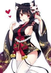 Rule 34 | 1girl, animal ears, azur lane, bekotarou, black hair, blush, breasts, eyebrows, fang, hair ornament, heart, highres, hip vent, japanese clothes, looking at viewer, mask, medium breasts, mouth mask, no bra, no panties, open mouth, paw pose, red eyes, red ribbon, ribbon, short hair, sideboob, simple background, solo, standing, thighhighs, white thighhighs, yamashiro (azur lane)