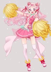 Rule 34 | 10s, 1girl, :d, cacao (99chocolove99), cone hair bun, cure yell, double bun, earrings, full body, grey background, hair bun, hair ornament, hair ribbon, heart, heart hair ornament, hugtto! precure, jewelry, layered skirt, long hair, looking at viewer, nono hana, open mouth, pink eyes, pink footwear, pink hair, pink shirt, pink skirt, pleated skirt, pom pom (cheerleading), precure, red ribbon, ribbon, shirt, shoes, simple background, skirt, sleeveless, sleeveless shirt, smile, solo, standing, thighhighs, white thighhighs, zettai ryouiki