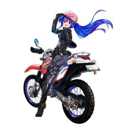 Rule 34 | 1girl, :d, alternate costume, alternate hairstyle, baseball cap, biker clothes, black footwear, black jacket, blue hair, boots, breasts, from behind, full body, game cg, grey pants, hand on headwear, hat, highres, hinanawi tenshi, hinanawi tenshi (flaming gale rider), jacket, leather, leather jacket, long hair, long sleeves, looking at viewer, looking back, medium breasts, motor vehicle, motorcycle, open mouth, pants, peach print, ponytail, red eyes, rotte (1109), simple background, smile, solo, third-party source, touhou, touhou lostword, white background