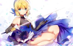 Rule 34 | 1girl, artoria pendragon (all), artoria pendragon (fate), bad id, bad pixiv id, blonde hair, blue dress, blue footwear, blue ribbon, breasts, cleavage, dress, elbow gloves, excalibur (fate/stay night), fate/stay night, fate (series), gloves, green eyes, grey gloves, hair between eyes, hair ribbon, high heels, highres, holding, holding sword, holding weapon, kamiowl, looking at viewer, official alternate costume, ribbon, saber (fate), saber (lapis lazuli dress) (fate), see-through, see-through cleavage, short hair, sitting, sleeveless, sleeveless dress, small breasts, solo, sword, weapon, white background
