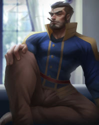 Rule 34 | 1boy, absurdres, bara, beard, blurry, blurry background, brown hair, bulge, cigar, dark-skinned male, dark skin, facial hair, foot out of frame, forked eyebrows, gazef stronoff, hair slicked back, highres, knee up, looking at viewer, male focus, mature male, military, military uniform, muscular, muscular male, official alternate costume, overlord (maruyama), pectorals, short hair, sitting, smoking, solo, stomach, thick eyebrows, uniform, uu (pixiv11319066), window
