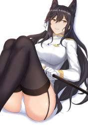 Rule 34 | 1girl, animal ears, atago (azur lane), azur lane, bad id, bad pixiv id, black hair, black thighhighs, breasts, commentary, feet out of frame, garter straps, gloves, hair between eyes, hair ribbon, holding, holding weapon, huge breasts, katana, knees up, legs, light smile, lipstick, long hair, looking at viewer, makeup, military, military uniform, miniskirt, mole, mole under eye, open mouth, panties, pantyshot, ribbon, sheath, sheathed, simple background, sitting, skirt, solo, sword, teeth, terry (pixiv3274443), thighhighs, underwear, uniform, very long hair, weapon, white background, white gloves, white panties, yellow eyes