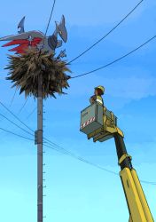 Rule 34 | 1boy, ablob, bird, blue sky, brown hair, cloud, commentary, creature, creatures (company), day, english commentary, game freak, gen 2 pokemon, helmet, nest, nintendo, original, pokemon, pokemon (creature), skarmory, sky, utility pole, yellow eyes