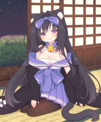 Rule 34 | :d, animal ear fluff, animal ears, arashio (azur lane), azur lane, bare shoulders, bell, black hair, black jacket, blush, bow, breasts, brown pantyhose, cat ears, cat girl, cat tail, cleavage, collar, collarbone, commentary request, hair between eyes, hair bow, hair intakes, head tilt, indoors, jacket, jingle bell, lap pillow invitation, long hair, long sleeves, medium breasts, neck bell, night, night sky, off shoulder, open clothes, open jacket, open mouth, pantyhose, pleated skirt, purple bow, purple eyes, purple sailor collar, purple skirt, sailor collar, sakurato ototo shizuku, seiza, sitting, skirt, sky, sleeves past wrists, smile, solo, star (sky), starry sky, tail, very long hair