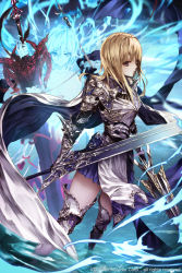 Rule 34 | 2girls, age of ishtaria, armor, balin (age of ishtaria), blonde hair, boots, copyright notice, gauntlets, ghost, hair between eyes, holding, huge weapon, long hair, long image, looking at viewer, looking away, multiple girls, pauldrons, pleated skirt, shoulder armor, skirt, standing, tall image, thigh boots, thighhighs, wanke, watermark, weapon, zettai ryouiki