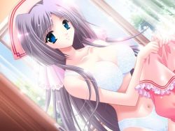 Rule 34 | 1girl, aishite nightingale, amatsu tomoe, blue bra, blue eyes, blue panties, bra, dutch angle, game cg, hat, lace, lace-trimmed bra, lace-trimmed panties, lace trim, lingerie, long hair, panties, solo, underwear, underwear only, undressing