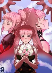 Rule 34 | blunt bangs, blush, ceroccb, commentary, earrings, english commentary, female focus, fire emblem, fire emblem: three houses, fire emblem warriors: three hopes, flower, garreg mach monastery uniform, highres, hilda valentine goneril, holding, holding flower, hoop earrings, jewelry, long hair, looking at viewer, matching hair/eyes, multiple persona, nintendo, pink eyes, pink flower, pink hair, sparkle, twintails, uniform, yellow eyes