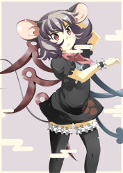 Rule 34 | 1girl, :3, animal ears, asymmetrical wings, black thighhighs, bow, bowtie, cosplay, female focus, grey hair, highres, houjuu nue, houjuu nue (cosplay), mepikari, mouse ears, mouse tail, nazrin, red eyes, short hair, solo, symbol-shaped pupils, tail, thighhighs, touhou, wings, zettai ryouiki