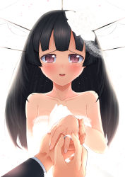 Rule 34 | 10s, 1boy, 1girl, bare shoulders, black hair, blush, choukai (kancolle), crying, crying with eyes open, dress, flower, gloves, hair flower, hair ornament, headgear, highres, hand grab, jewelry, kantai collection, kuri giepi, long hair, looking at viewer, no eyewear, pov, red eyes, ring, single glove, smile, solo focus, strapless, strapless dress, tears, wedding, wedding band, wedding dress, white dress, white gloves