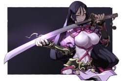 Rule 34 | 1girl, black gloves, blue pupils, covered navel, fate/grand order, fate (series), fingerless gloves, gloves, hair between eyes, highres, holding, holding sword, holding weapon, impossible clothes, katana, lamian (pixiv415608), long hair, minamoto no raikou (fate), parted lips, pink neckwear, purple eyes, purple hair, smile, solo, sword, vambraces, very long hair, weapon