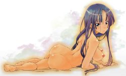 Rule 34 | 1girl, akiyama mio, ass, back, barefoot, black hair, blue eyes, blue hair, breasts, completely nude, face, feet, hiiro, k-on!, large breasts, long hair, lying, matching hair/eyes, nipples, non-web source, nude, on side, solo, tsukai yowo