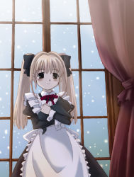 Rule 34 | 1girl, animal, apron, blonde hair, bow, cat, child, curtains, hair bow, holding, holding animal, maid, maid apron, smile, snow, snowing, solo, twintails, window, winter