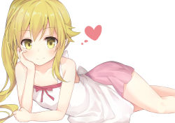 Rule 34 | 1girl, bakemonogatari, blonde hair, blush, clenched hand, closed mouth, collarbone, eyebrows, eyelashes, flat chest, hand on own cheek, hand on own face, head rest, heart, huwari (dnwls3010), long hair, looking at viewer, lying, monogatari (series), on side, oshino shinobu, simple background, sleeveless, smile, solo, white background, yellow eyes