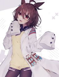 Rule 34 | 1girl, :d, agnes tachyon (umamusume), ahoge, animal ears, black neckwear, black pantyhose, black shirt, blush, breasts, brown hair, collared shirt, commentary, hair between eyes, hands up, highres, horse ears, lab coat, long sleeves, looking at viewer, minamiya mia, open clothes, open mouth, pantyhose, red eyes, shirt, sleeves past fingers, sleeves past wrists, small breasts, smile, solo, sweater vest, symbol-only commentary, umamusume, vial, white background