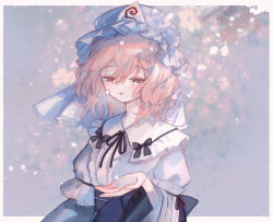 Rule 34 | 1girl, blue hat, blue kimono, blue sash, cherry blossoms, closed mouth, commentary request, falling petals, frilled kimono, frills, hair between eyes, half-closed eyes, hand up, hat, japanese clothes, kimono, medium hair, mob cap, petals, pink eyes, pink hair, saigyouji yuyuko, sash, solo, touhou, triangular headpiece, wide sleeves, yujup