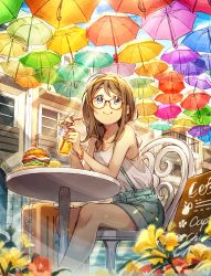 Rule 34 | 1girl, bad id, bad pixiv id, brown hair, building, burger, cafe, chair, commentary request, cup, day, drinking straw, egg (food), elbows on table, flower, food, fried egg, glasses, green eyes, hair over shoulder, hairband, highres, holding, holding cup, hotechige, lemonade, long hair, low-tied long hair, menu board, mini flag, original, outdoors, parasol, red flower, shirt, shorts, sidelocks, sitting, sleeveless, sleeveless shirt, smile, solo, suitcase, suspender shorts, suspenders, table, too many umbrellas, umbrella, white shirt, yellow flower