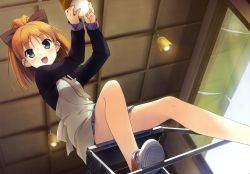 Rule 34 | 1girl, absurdres, apron, blush, brown hair, ceiling, from below, green eyes, hair ribbon, highres, kantoku, legs, light bulb, long hair, looking down, minagawa yuuhi, necktie, open mouth, ponytail, ribbon, shoes, sitting, skirt, smile, sneakers, solo, your diary