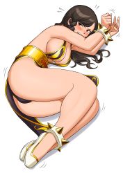 Rule 34 | 1girl, alternate hair length, alternate hairstyle, backless dress, backless outfit, bdsm, black hair, black panties, blush, bondage, bound, bound ankles, bound wrists, braid, breasts, brown eyes, capcom, china dress, chinese clothes, chun-li, cleavage, dress, flats, highres, large breasts, legs together, long hair, lying, no bra, nose blush, official alternate costume, on side, panties, pantyshot, revealing clothes, rope, shigenobu, side braids, sideboob, solo, street fighter, street fighter v, sweatdrop, swept bangs, thick thighs, thighs, underwear, white footwear
