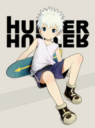 Rule 34 | 1boy, child, copyright name, hunter x hunter, killua zoldyck, looking at viewer, male focus, simple background, sitting, skateboard, solo, white hair
