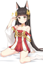 Rule 34 | 1girl, animal ear fluff, animal ears, arm support, azur lane, bare shoulders, black hair, blunt bangs, blush, breasts, cleavage, collarbone, commentary request, detached sleeves, doyagao, dress, fox ears, full body, gold choker, hair ornament, hand up, highres, hime cut, kneehighs, long hair, looking at viewer, nagato (azur lane), panties, pantyshot, pleated dress, red dress, sidelocks, simple background, sitting, sleeveless, sleeveless dress, small breasts, smile, smug, socks, solo, sparkle, strapless, strapless dress, sweat, underwear, v, v over eye, very long hair, wariza, white background, white panties, white sleeves, white socks, wide sleeves, yamasan, yellow eyes