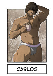Rule 34 | 1boy, bara, black hair, bulge, carlos oliveira, character name, chest hair, closed mouth, cup, dkmate, facial hair, grey male underwear, holding, holding cup, large pectorals, male focus, male underwear, muscular, muscular male, navel, nipples, one eye closed, pectorals, resident evil, resident evil 3, resident evil 3: nemesis, resident evil 3 (remake), short hair, solo, thick thighs, thighs, underwear