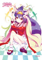 Rule 34 | 10s, 1girl, animal ear fluff, animal ears, artist name, bad id, bad pixiv id, bow, checkered floor, copyright name, floor, fox ears, fox tail, hairband, hatsuse izuna, japanese clothes, kimono, looking at viewer, no game no life, playback, purple hair, sandals, short hair, sitting, slit pupils, solo, tail, wide sleeves, yellow eyes