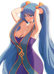 Rule 34 | 1girl, armpits, arms up, bad id, bad pixiv id, bare shoulders, blue eyes, blue hair, breasts, cleavage, collarbone, large breasts, league of legends, long hair, parted lips, pink lips, secretbusiness, simple background, smile, solo, sona (league of legends), twintails, very long hair, white background