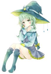 Rule 34 | 1girl, absurdres, bad id, bad pixiv id, black dress, black socks, blue bow, blue hat, blue shirt, blush, boots, bow, braid, closed mouth, clothes between thighs, collarbone, commentary, dress, english commentary, full body, green eyes, green footwear, green hair, hair bow, hair ornament, hairclip, hand up, hat, hat bow, head tilt, highres, knee boots, kneehighs, knees up, long hair, long sleeves, looking at viewer, original, plaid, plaid bow, shirt, simple background, sitting, sleeves past wrists, socks, solo, star (symbol), thick eyebrows, tsukiyo (skymint), twin braids, white background, witch hat, yellow bow