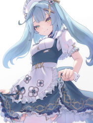 Rule 34 | 1girl, absurdres, apron, aqua hair, closed mouth, commentary request, dress, faruzan (cafe) (genshin impact), faruzan (genshin impact), frilled dress, frills, genshin impact, green eyes, green nails, hair ornament, highres, long hair, looking at viewer, maid, maid headdress, official alternate costume, puffy short sleeves, puffy sleeves, short sleeves, skirt hold, smile, solo, symbol-shaped pupils, thighhighs, triangle-shaped pupils, tsurime, twintails, ura (hamburg oniku), waist apron, white background, white thighhighs, white wrist cuffs, wrist cuffs, x hair ornament