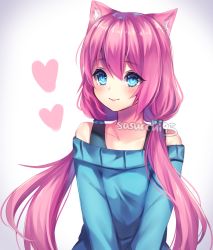 Rule 34 | 1girl, animal ears, bare shoulders, blue eyes, blue sweater, blush, cat ears, closed mouth, collarbone, eyelashes, hair between eyes, hair bobbles, hair ornament, heart, highres, long hair, looking at viewer, low-tied long hair, low twintails, off-shoulder, off-shoulder sweater, off shoulder, original, pink hair, sasucchi95, simple background, smile, solo, sweater, twintails, upper body, v arms, white background