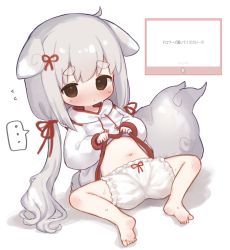 Rule 34 | ..., 1girl, animal ears, barefoot, bloomers, blush, brown eyes, closed mouth, clothes lift, commentary request, dog ears, dog girl, dog tail, flying sweatdrops, grey hair, highres, hood, hood down, hoodie, hoodie lift, konununui, lifting own clothes, long hair, long sleeves, looking at viewer, low twintails, navel, nose blush, original, puffy long sleeves, puffy sleeves, short eyebrows, soles, solo, spoken ellipsis, spread legs, sweat, tail, thick eyebrows, translation request, twintails, underwear, very long hair, white background, white bloomers, white hoodie