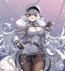 Rule 34 | 1girl, azur lane, bad id, bad pixiv id, black gloves, black pantyhose, breasts, breath, chain, cleavage, dated, floating hair, gangut (azur lane), gloves, hair between eyes, hat, head tilt, highres, holding, holding chain, large breasts, long hair, looking at viewer, mole, mole under eye, open mouth, pantyhose, partially fingerless gloves, peaked cap, red eyes, signature, silver hair, smile, snowing, solo, standing, tacco (tikeworld), thigh strap, thighs, very long hair