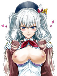 Rule 34 | 10s, 1girl, bad id, bad pixiv id, blue eyes, bra, bra pull, breasts, clothes pull, highres, kantai collection, kashima (kancolle), kazuki seihou, large breasts, nipples, open clothes, open shirt, shirt, silver hair, solo, twintails, underwear, wavy hair