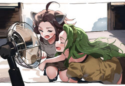 2girls ahoge blush brown_eyes brown_hair brown_shirt brown_shorts closed_eyes commentary_request electric_fan fanning_face forehead green_hair green_hairband grey_shirt hairband headgear lamb_(hitsujiniku) long_hair multiple_girls open_mouth parted_bangs profile shirt shorts touhoku_kiritan touhoku_zunko twintails very_long_hair voiceroid