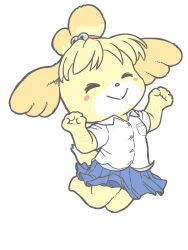 1girl alternate_costume animal_crossing animal_ears bell blonde_hair blue_skirt blush clenched_hands closed_eyes collared_shirt commentary dog_girl english_commentary full_body furry furry_female hair_bell hair_ornament highres isabelle_(animal_crossing) jumping nintendo pleated_skirt rakugaken shirt short_sleeves simple_background skirt smile solo tail white_background white_shirt