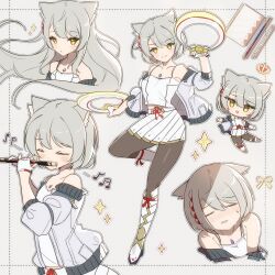 Rule 34 | 1girl, animal ear fluff, animal ears, cat ears, cat girl, chakram, chest jewel, chibi, chibi inset, closed eyes, closed mouth, collarbone, commentary, ears down, furrowed brow, grey hair, grey jacket, highres, inset border, jacket, korean commentary, long hair, mio (xenoblade), multiple views, musical note, official alternate hair length, official alternate hairstyle, open clothes, open jacket, pantyhose, playing flute, pleated skirt, shirt, short hair, simple background, skirt, sparkle, standing, standing on one leg, sweat, weapon, white background, white shirt, white skirt, xenoblade chronicles (series), xenoblade chronicles 3, yellow eyes, zer00han