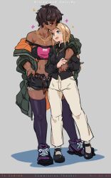 2girls absurdres artist_name black_hair blonde_hair blue_eyes borrowed_character breasts cassidy_(xodima) character_name collarbone couple dark-skinned_female dark_skin earrings full_body ginika_(xodima) grey_background hand_in_pocket highres hug interracial jewelry kiss kissing_forehead large_breasts long_hair m_k multiple_girls necklace open_mouth orange_eyes original pants shirt shoes short_hair short_shorts shorts simple_background smile sneakers thighhighs xodima yuri