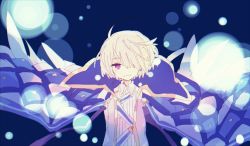 Rule 34 | 1boy, ahoge, blue background, blue cloak, blurry, bokeh, character request, cloak, closed mouth, coat, depth of field, hair over one eye, hibi89, highres, looking at viewer, male focus, merc storia, purple eyes, simple background, smile, solo, white coat, white hair