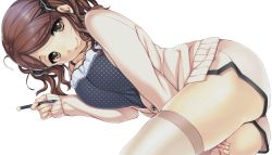 Rule 34 | 1girl, amagami, ass, bed, between legs, breasts, brown eyes, brown hair, cleavage, extraction, hair ribbon, hand between legs, highres, large breasts, looking at viewer, lying, nakata sae, on side, pen, ribbon, smile, solo, sumeragi kohaku, sweater, thighhighs, thighs, transparent background, twintails, white thighhighs