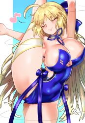 Rule 34 | 1girl, absurdres, ahoge, alternate breast size, arm up, artoria caster (fate), artoria caster (swimsuit) (fate), artoria caster (swimsuit) (third ascension) (fate), artoria pendragon (fate), bare shoulders, blonde hair, blue one-piece swimsuit, blue ribbon, blush, bow, breasts, cleavage, closed eyes, covered navel, ebora, facial mark, fate/grand order, fate (series), forehead mark, hair bow, highleg, highleg swimsuit, highres, large breasts, leg lift, leg up, long hair, musical note, one-piece swimsuit, parted bangs, ribbon, smile, solo, swimsuit, thighs, twintails, very long hair