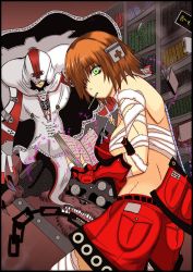 Rule 34 | 1boy, 1girl, a.b.a, asuka r. kreutz, arc system works, ass, back, bandages, bare shoulders, book, breasts, brown hair, chain, fingerless gloves, from behind, gloves, green eyes, guilty gear, hair over one eye, homunculus, key, monster, mouth hold, open mouth, pencil, shiina you (tomoshibi), short hair, shorts, sideboob, stitches