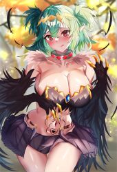 Rule 34 | 1girl, alternate breast size, black feathers, black wings, blush, breasts, claws, cleavage, commission, feathers, gotou fundoshi, green hair, harpy, indie virtual youtuber, large breasts, lincoro, monster girl, navel, pointy ears, red eyes, short twintails, skeb commission, solo, stomach tattoo, tattoo, tiara, tongue, tongue out, twintails, virtual youtuber, winged arms, wings