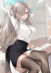 Rule 34 | 1girl, arm behind head, arm up, asuna (blue archive), black skirt, blouse, blue archive, blue eyes, breasts, button gap, dema hmw, dress shirt, grey hair, grey thighhighs, grin, hair over one eye, halo, high-waist skirt, highres, large breasts, long hair, long sleeves, looking at viewer, miniskirt, office lady, partially unbuttoned, pencil skirt, shirt, shirt tucked in, sitting, skirt, smile, solo, thighhighs, very long hair, white shirt, wristband, zettai ryouiki